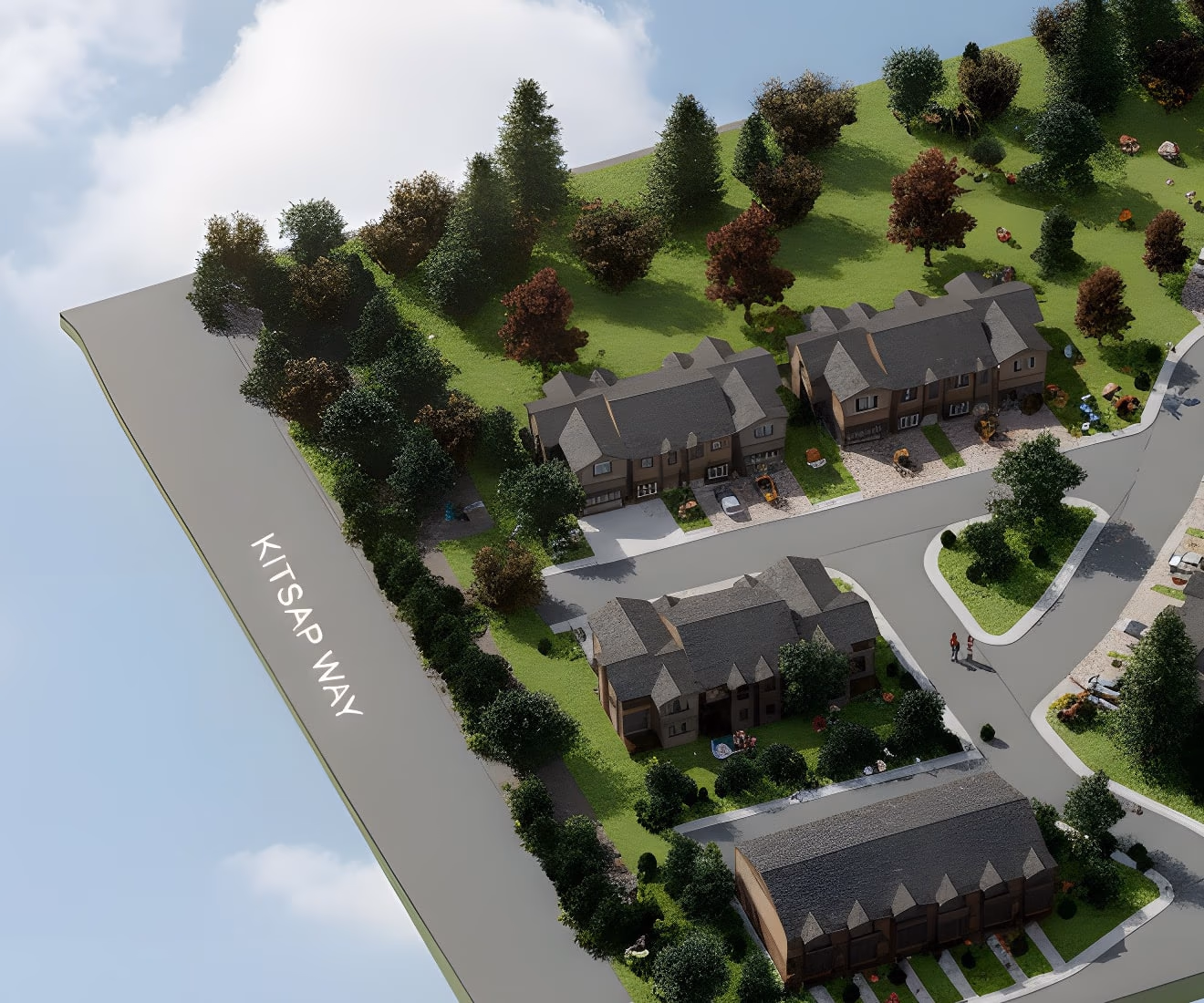 Aerial rendering of the Carr Boulevard plat looking south-east across Kitsap Way: attached townhome buildings, private drives and wooded open space.