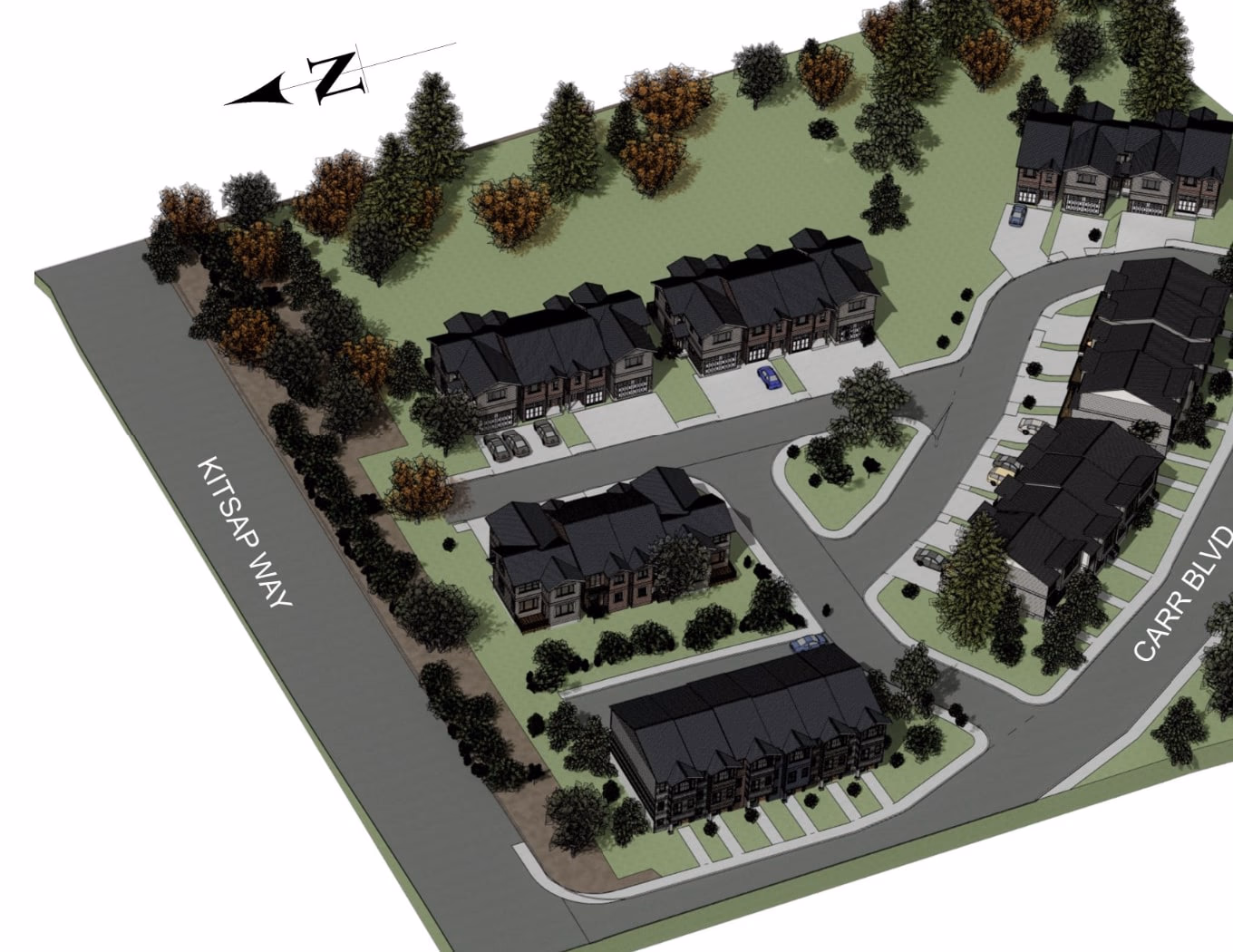 Axonometric massing study of the thirty-eight attached homes on the Carr Boulevard plat, with Kitsap Way along the north edge and the private drive loop through the centre.