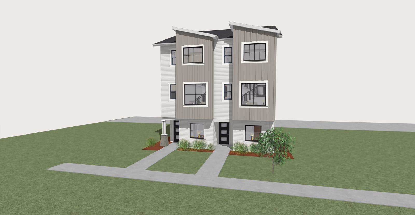 15′ × 45′ plan type E: 2 bedroom attached home with 2-car tandem rear garage.